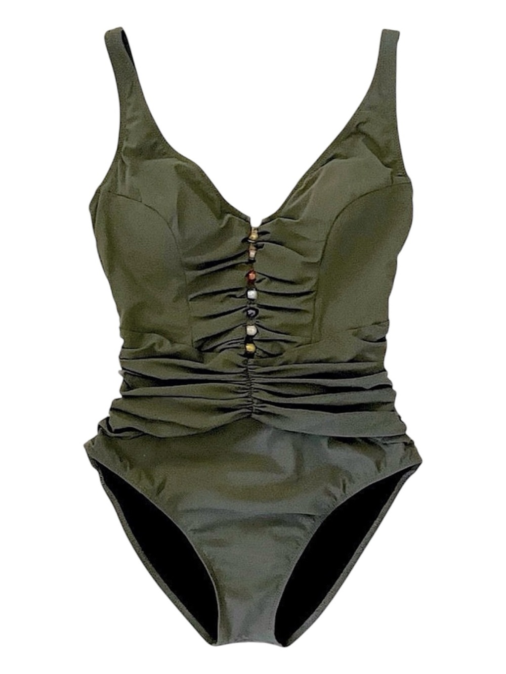 Perfect Profile by Gottex Olive Green One-Piece Ruched Swimsuit With Beads